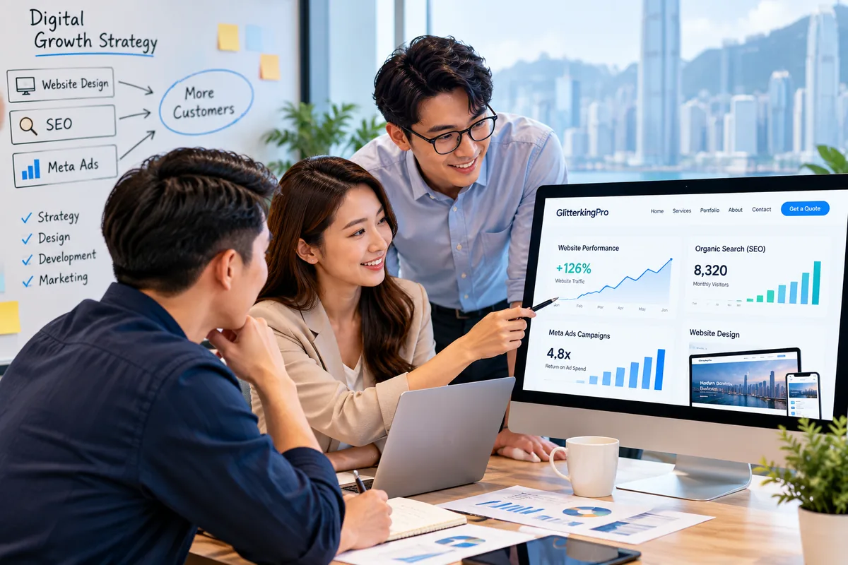 Digital marketing professionals collaborating on website design and marketing analytics
