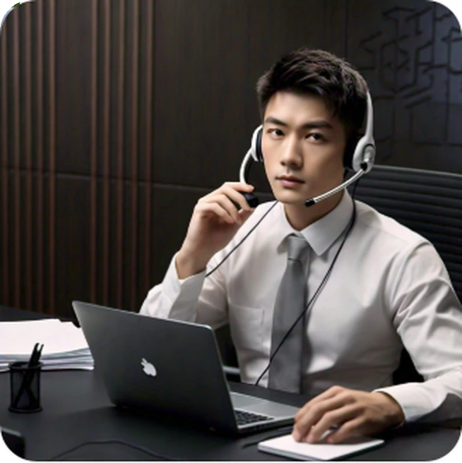 Professional using a laptop and headset in an office